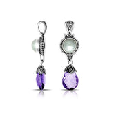 Handmade sterling silver pendant with mother of pearl and amethyst quartz drop, crafted in Bali.